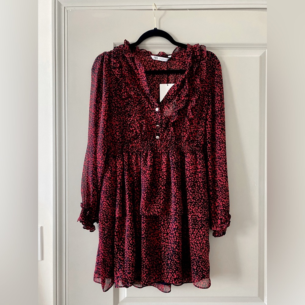 Zara - red leopard print long sleeve dress